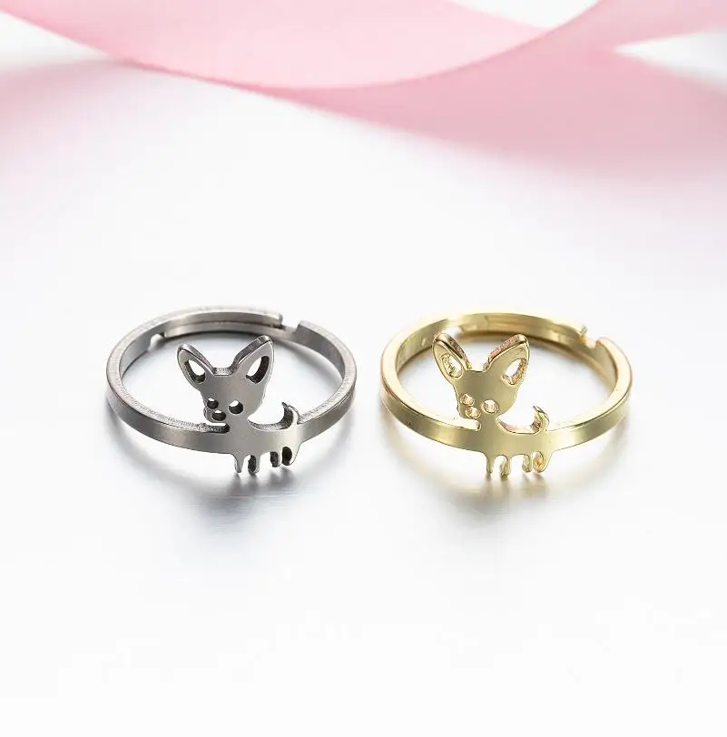 Shuangshuo Lovely Chihuahua Finger Rings Statement Jewelry for Women Adjustable Animal Shape Stainless Steel Ring Party Gift