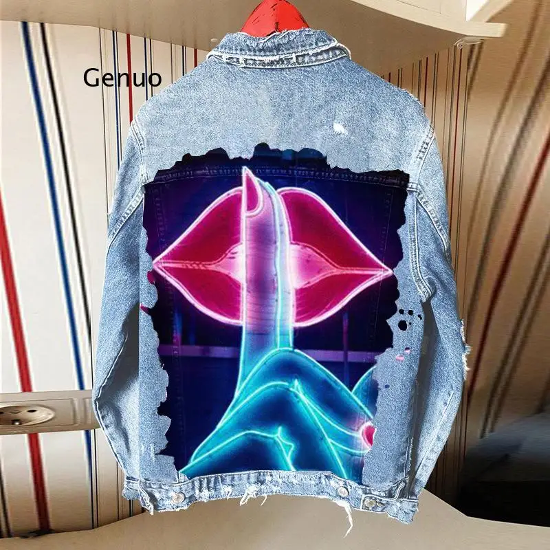 Women's Denim Jacket Fluorescent Lips Print Streetwear Ladies Loose Denim Jacket Korean Fashion Y2K Denim Jacket 90X Style Girls