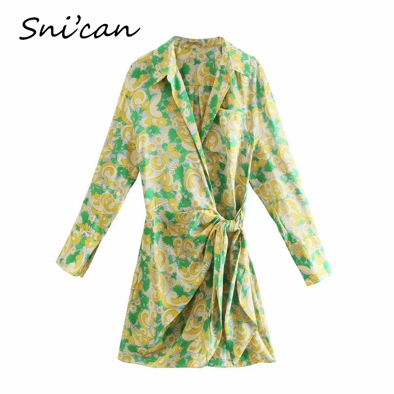 Green Floral Knots Short Dress Za Women 2021 Spring Summer Vintage Long Sleeve Asymmetrical Mini Robes Femme Vestidos Cortos