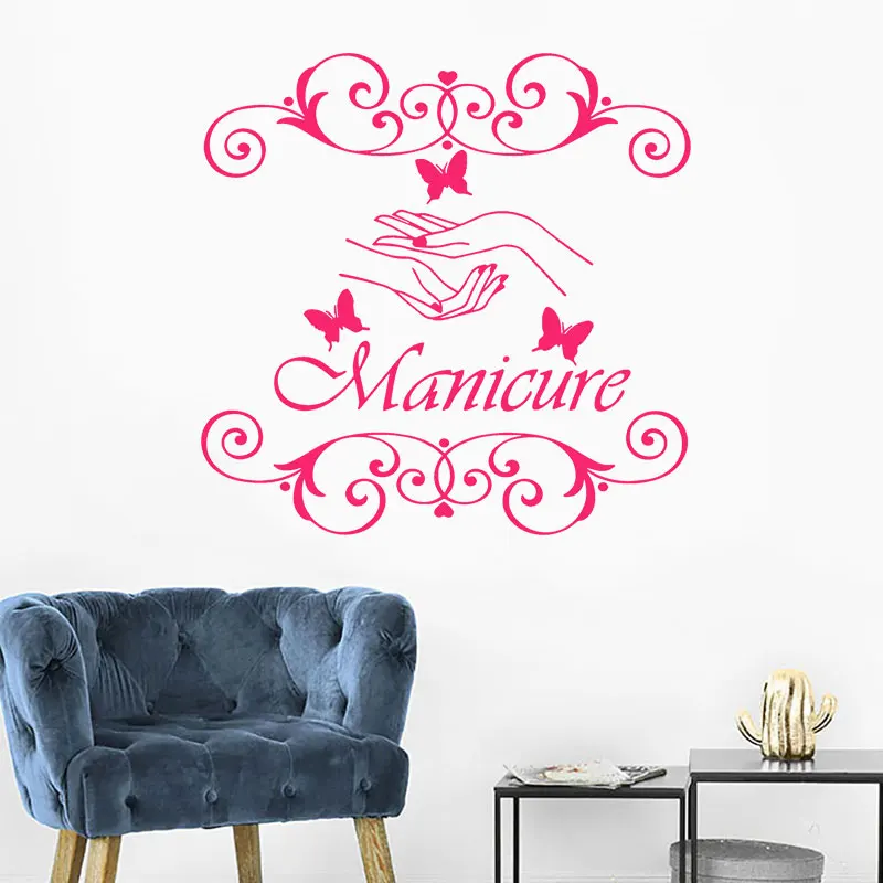 Manicure Beauty Salon Nails Hands Fashion Cosmetic Hairdressing Butterfly Wall Sticker Vinyl Window Decals Art Decor Mural A500