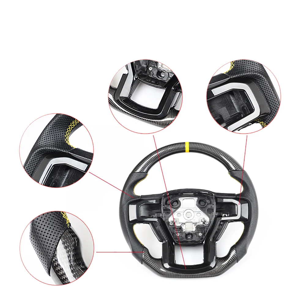 

BFB Real Carbon Fiber Steering Wheel with Perforated Leather yellow Strap For Ford Raptor F-150 F150 2015-2020