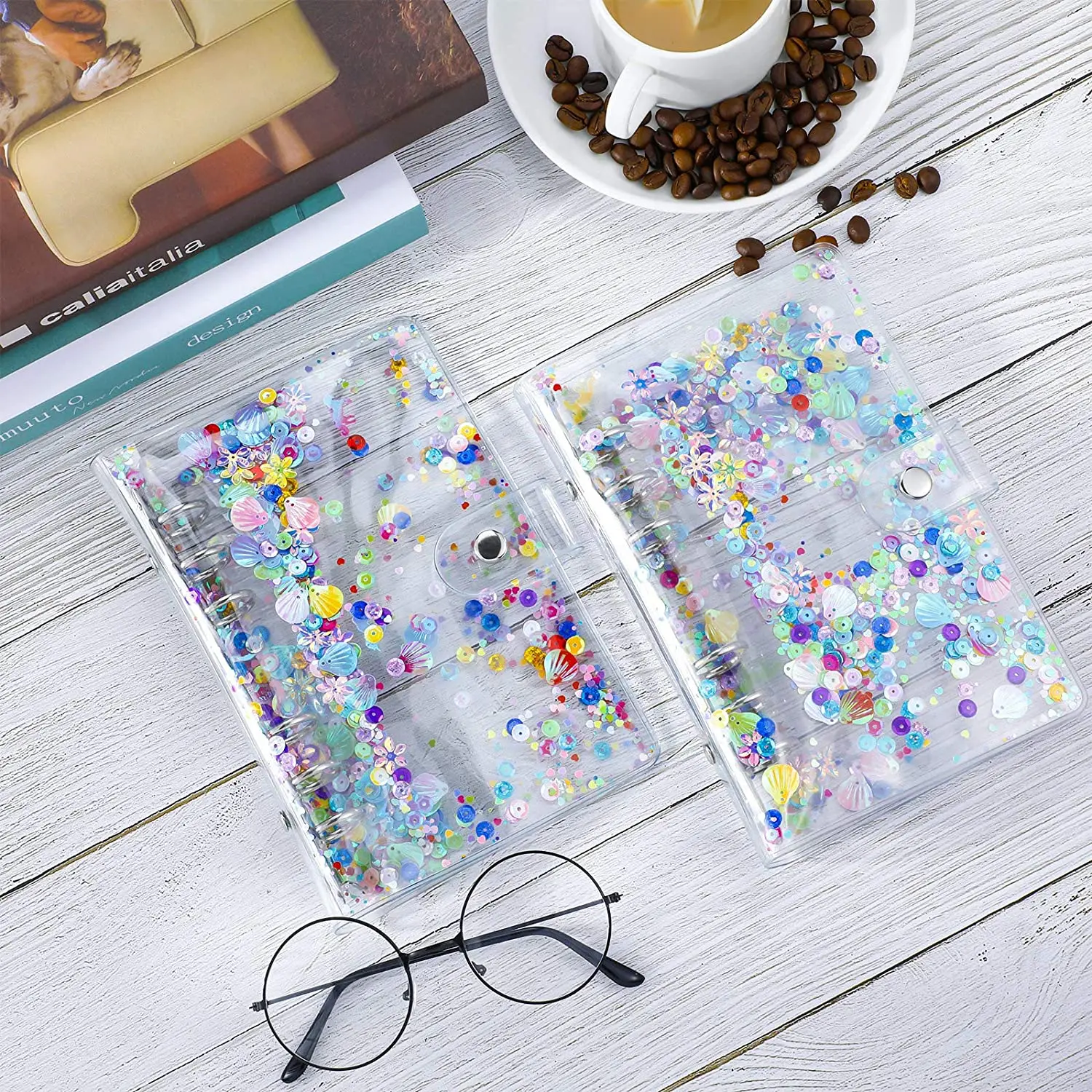 A6 PVC Glitter Binder Cover Clear Quicksand Decor Notebook Shell with Snap Button Closure 6 Ring Loose Leaf Binding