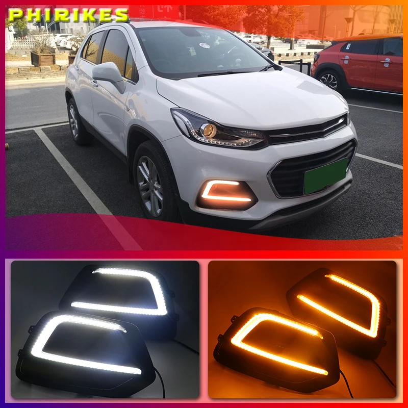 

Car 1Pair DRL For Chevrolet Trax 2017 2018 Daytime Running Lights fog lamp cover Daylight with Turn Yellow signal Lamp