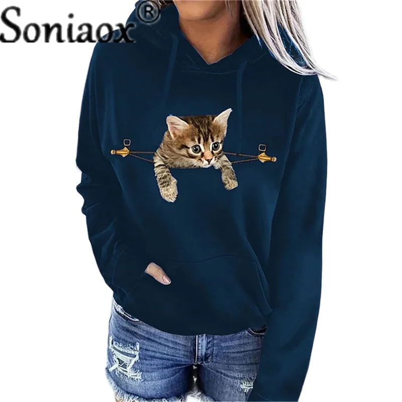 Hoodie Wanita Sweter Saku Kanguru Lengan Panjang Kasual Hoodie Wanita Hangat Musim Gugur Musim Dingin Mantel Pullover Print Kucing Kartun