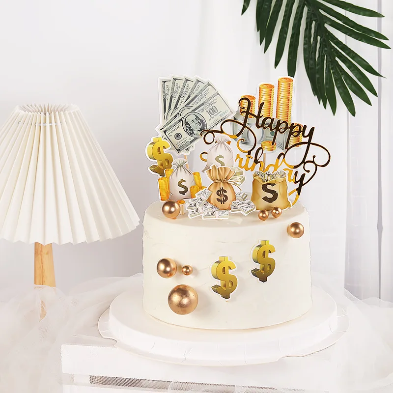 ins Dollar Happy Birthday Cake Topper gold Acrylic Birthday CupCake Toppers For Kids Party gift Dessert Decoration Baby Shower