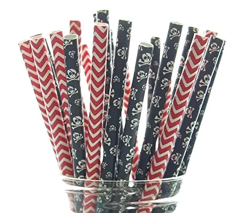 Ideaco Biodegradable Pirate Party Straws Skull & Crossbones Skeleton Straws Black & Red Halloween Pirate Birthday Party Supplies