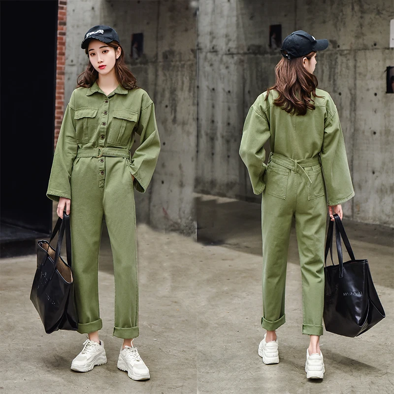 New Casual Stretwear Denim Jumpsuit Women Loose Wide Leg Jean Rompers Belt Baggy Pants Dungarees High Waist Long Sleeve Overalls