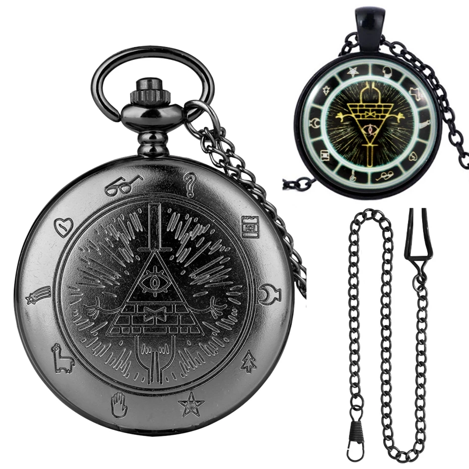 Black Triangle Devil Quartz Pocket Watch Gift Set with Gravity Bill Cipher Fall Time Gem Necklace Pendant Clock Gifts BOX Set