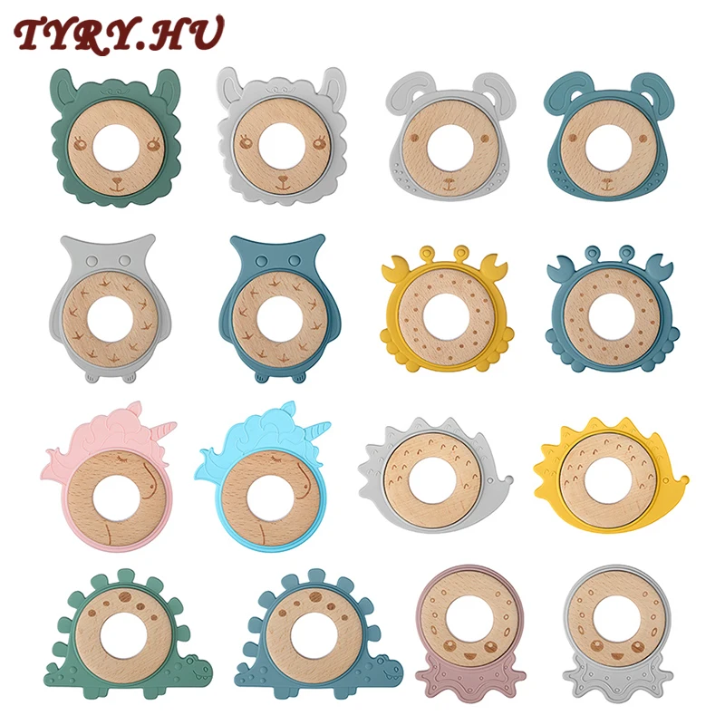 TYRY.HU 1Pc Baby Silicone Teether Wooden Ring Teether Cartoon Animal Shaped Baby Teething Pendant Newborn Gifts Accessories