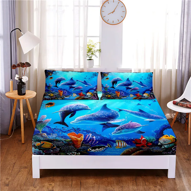 

Underwater World Digital Printed 3pc Polyester Fitted Sheet Mattress Cover Four Corners with Elastic Band Bed Sheet Pillowcases