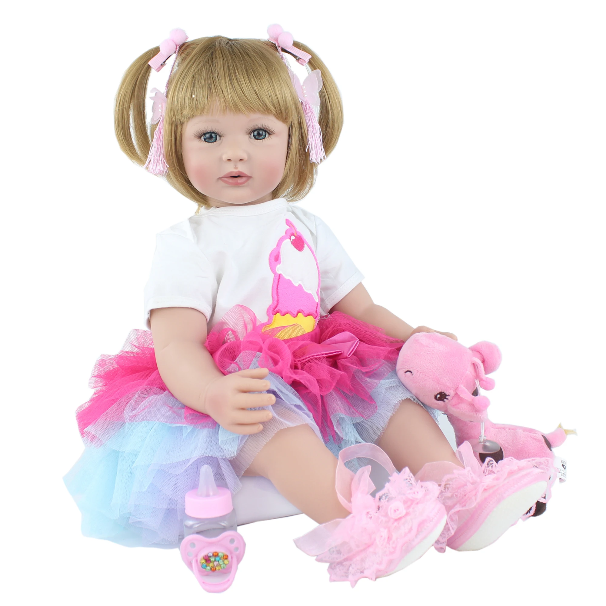 Muñeca Reborn de silicona para niños pequeños, juguete de 60cm, como princesa rubia Real, regalo de cumpleaños