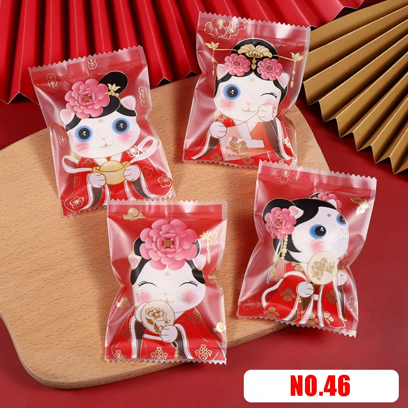 AQ 100pcs/lot Cute Cartoon Chinese Style Royal Cat 4in1 Golden Flowers Copper Coin Decor DIY Party Dessert Biscuit Packaging Bag