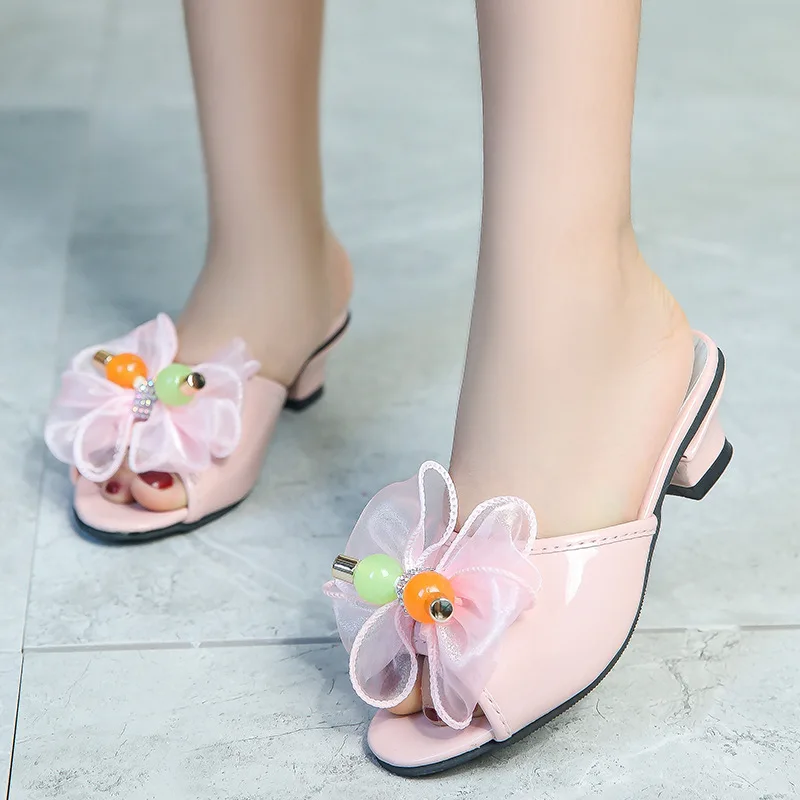 Sweet Princess Low Heels Korean Sandals Kids Fashion Indoor Slippers for Girls Children with Lace Bow Beautiful Solid PU Sandals