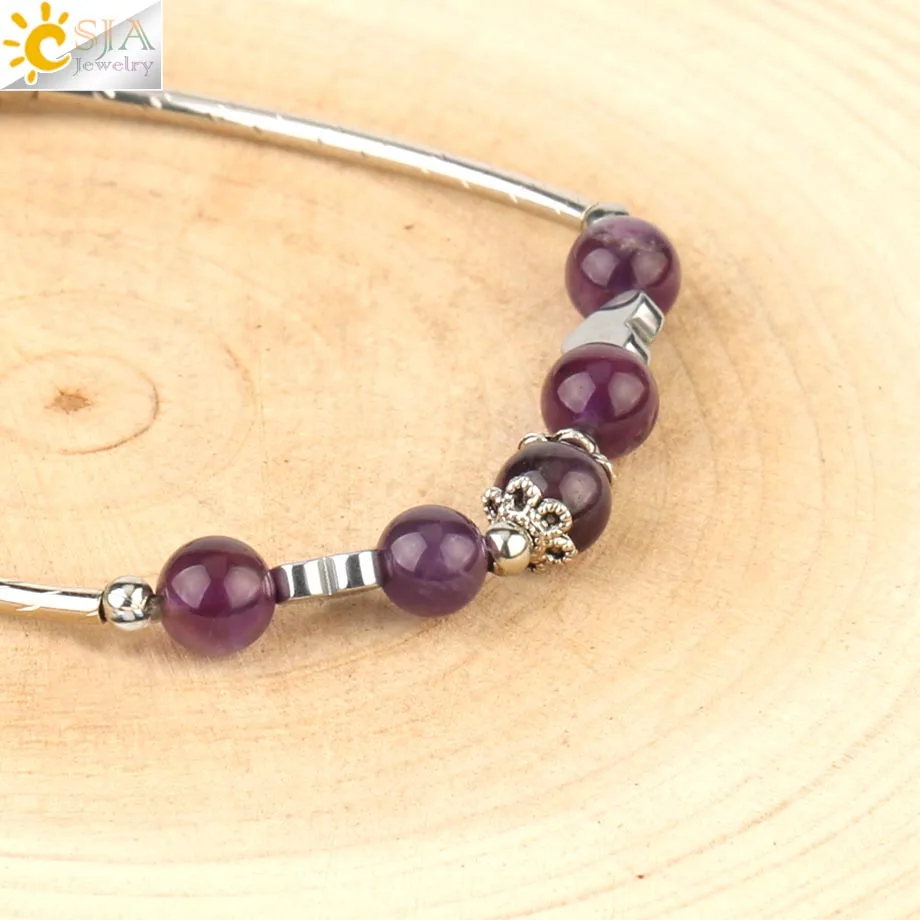 CSJA 6mm Natural Stone Hexagram Bracelet Round Bead Crystal Quartz Star of David Heart Charms Elastic Bangle for Women Girl G164
