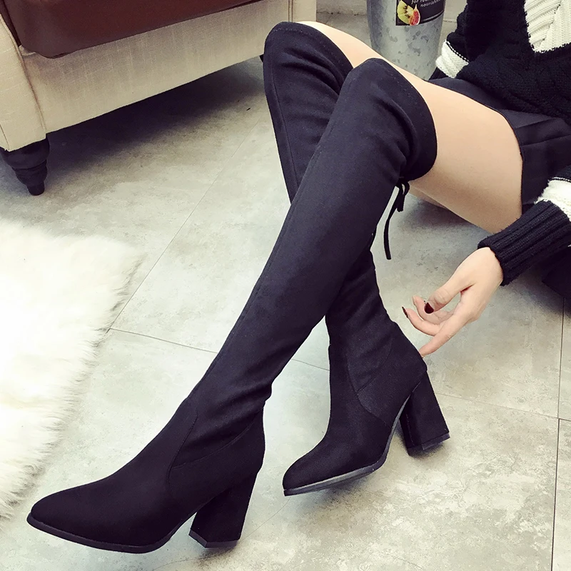 Soft Leather Over The Knee Boots Women High Heels Winter Boots Fashion Riband Black Women Boots Pointed Square Heel Female Shoes