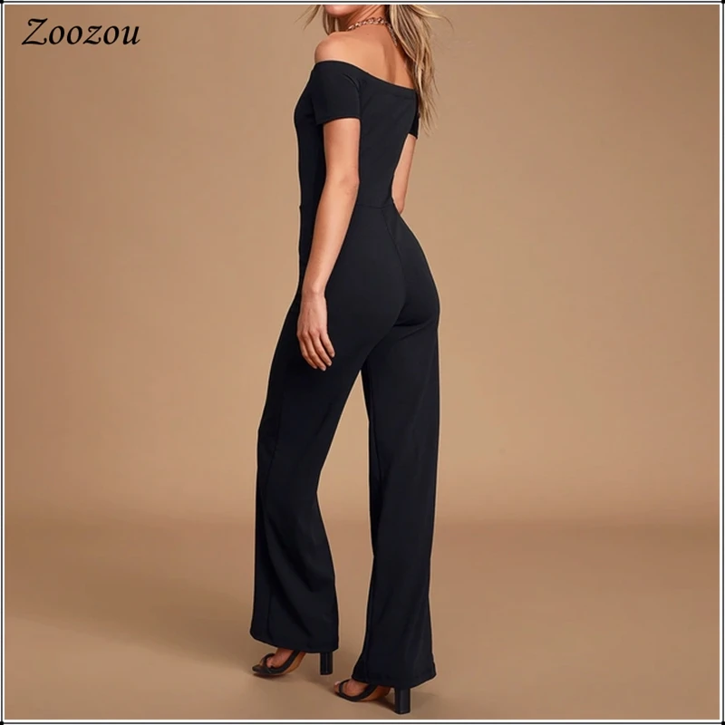 ฤดูร้อนสบายๆสีดำOff Shoulder Jumpsuitsเซ็กซี่แฟชั่นคอSlash PlusขนาดRompers Casual Slim Jumpsuit 2020ที่กำหนดเอง