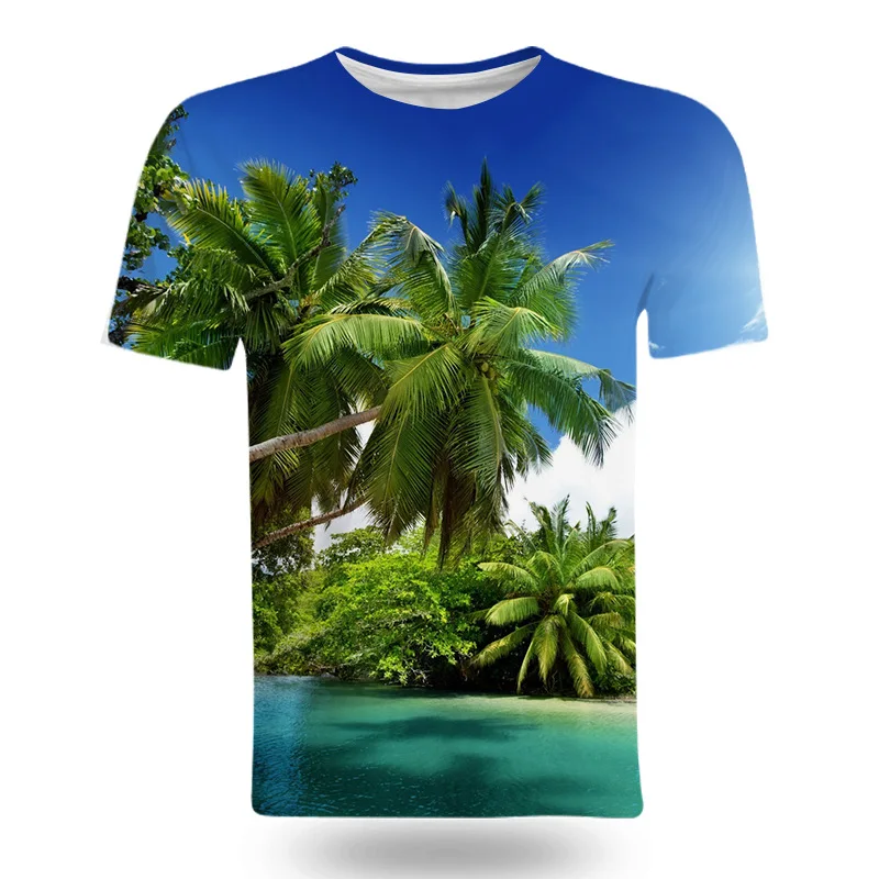 Fashion Coastal natural scenery graphic t shirts Summer style 3D Print Men t-shirt Casual Interesting short sleeve t-shirts Tops