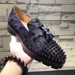 SHOOEGLE Men Blue Patchwork Tassel Shoes Spikes Studded Lowtop Slip on Mixed Color Loafers Anti-skid Men Casual Shoes Size 38-47