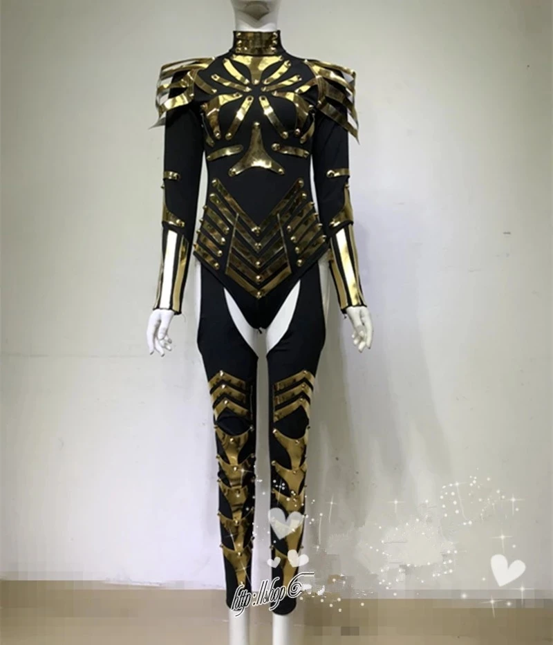 Nightclub Dancer Team Show Stage Wear Sexy Gold Mirror Armor Jumpsuit Women Warrior Performance Clothes Cosplay Costume