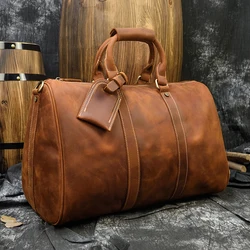 Men Genuine Leather Travel Bag Durable Crazy Horse Leather Travel Duffel Big Capacity Real Leather Large shoulder weekend bag