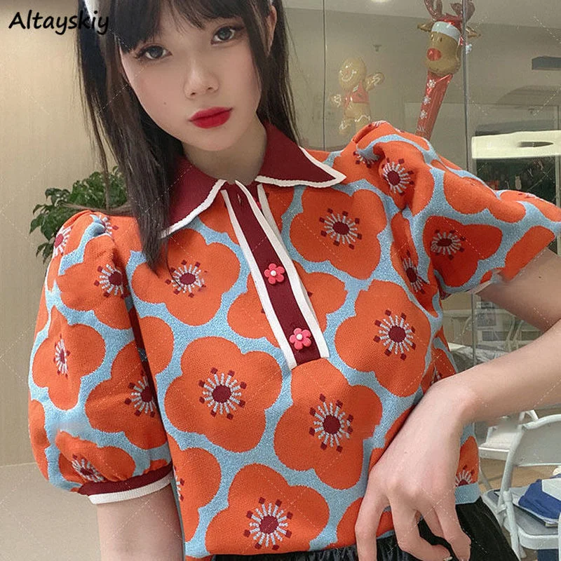 T-shirts Women Orange Turn Down Collar Sweet Summer Floral Vintage Stylish Harajuku Street Style Knitted Basic Casual Soft Femme