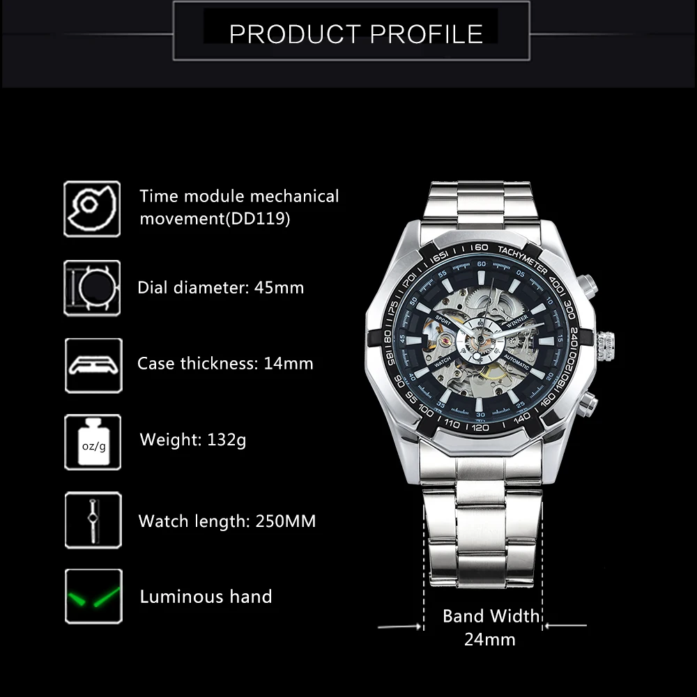 Forsining Watch Men Skeleton Watches Stainless Steel Band Automatic Mechanical Wristwatches Men Sports Watches Reloj Hombre