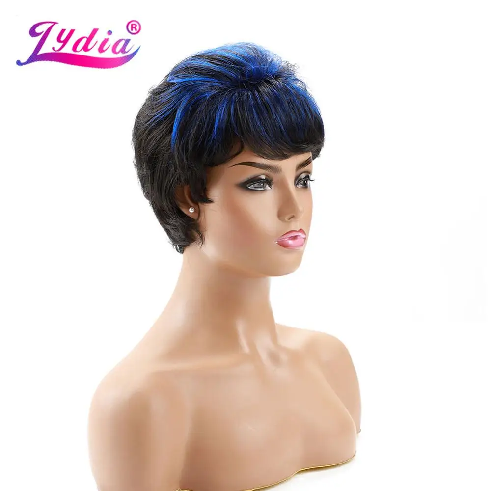 Lydia Synthetic Wigs Mix Color FT2/Blue Short  Wave For African American Wig Free Bang Kanekalon Heat Resistant Hair 4Inch