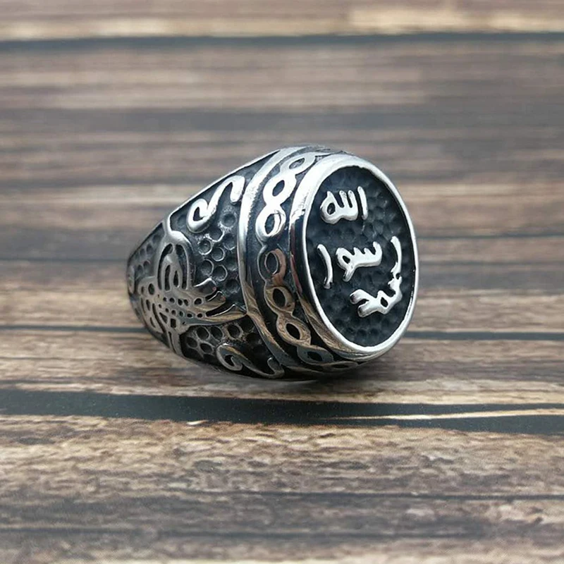 Male Stainless Steel Islamic Shahada Muslim Ring Turkey Quran Aqeeq Allah Arabic For Men Middle Eastern Wedding Engagement Party