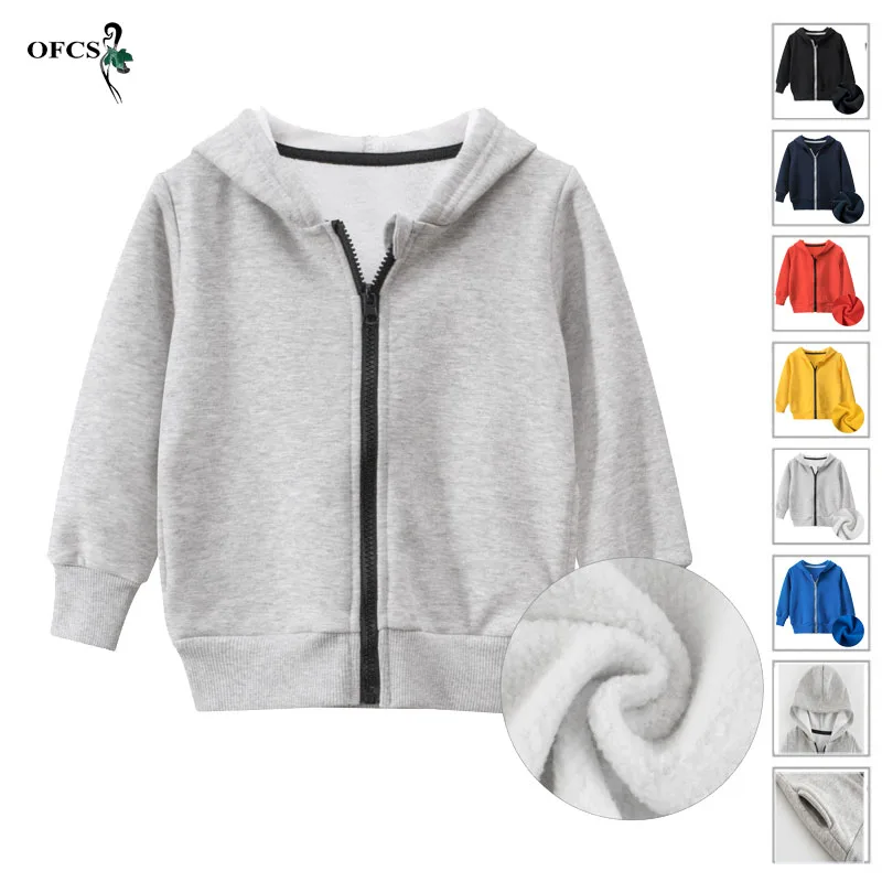 

NewEarly Autumn Winter Kids Coat Zipper Jacket Boys Girls Plus Velvet Warm Hooded Solid Plain Sweatshirt Tops Children's Clothes