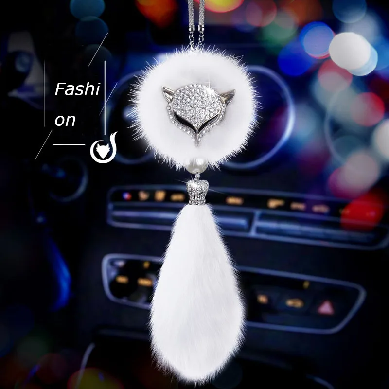 Crystal Car Fox Head Pendant Car Rearview Mirror With Diamond Hanging Pendant Car Accessories Interior Pendant Creative Gifts