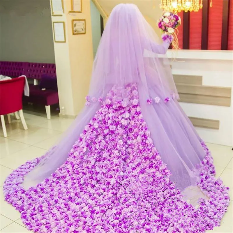 

3D Flowers Ball Gown Wedding Dresses 2021 High Neck Long Sleeves Purple Tulle Turkish Arabic Dubai Vestido De Novia Bridal Gowns