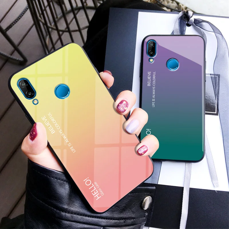 Huawei Nova 3i Nova3 PAR LX1 LX9 Case Colored Gradient Tempered Glass Back Cover Hard Phone Case for Huawei Nova 4 Nova4 VCE L22