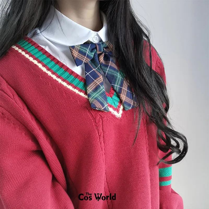 Christmas XMAS New Year Autumn Winter Red Long Sleeve Knit Tops Pullovers V Neck Sweaters For JK School Uniform Student Clothes