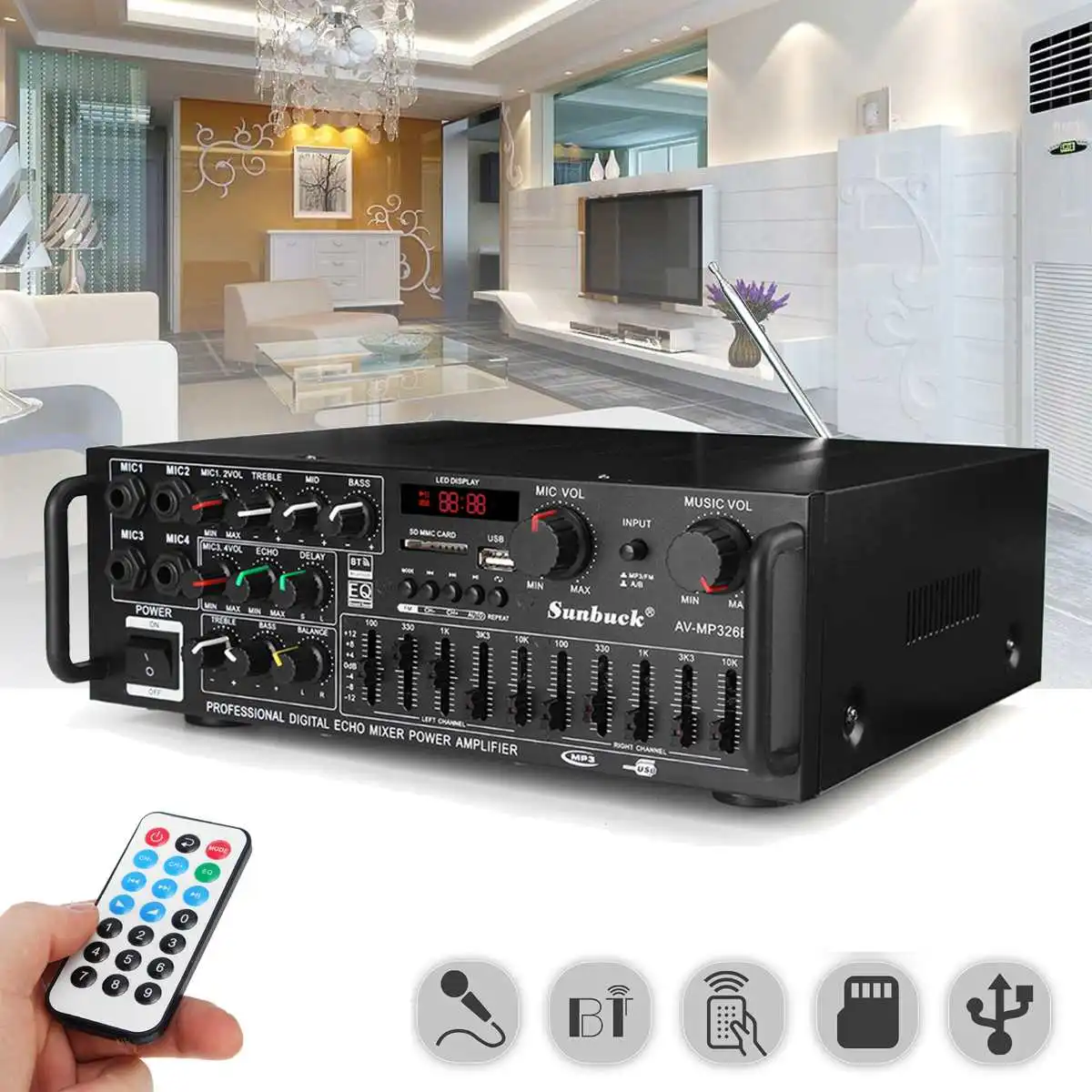 2 Channel Bluetooth HIFI Amplificador High Resolution Audio Play Subwoofer Amplifier Power Amplifier Audio USB SD With Remote