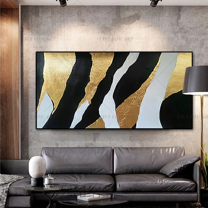 100% Handmade Textured Cream Gold Canvas Oil Art, Neutral Textured Abstract, Mid Century Modern Horizontal Sofa Wall Art