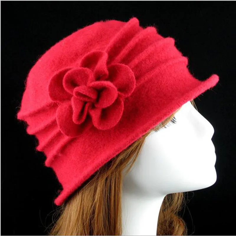 Sombrero de lana 100% de flores para mujer, sombrero suave de mediana edad, estilo europeo, cúpula de fieltro, pensamiento momia, otoño e invierno,