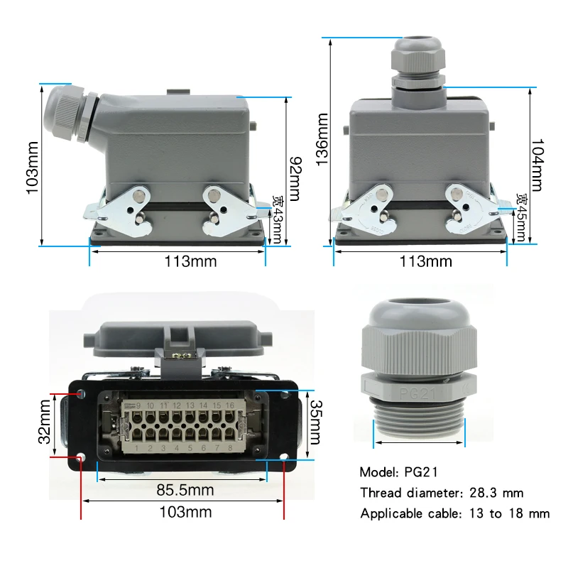 HDC-HE-016 Rectangular Heavy Duty Connector 16 Pins Industrial Aviation Waterproof Plug Socket with Protective Cover 500V 16A