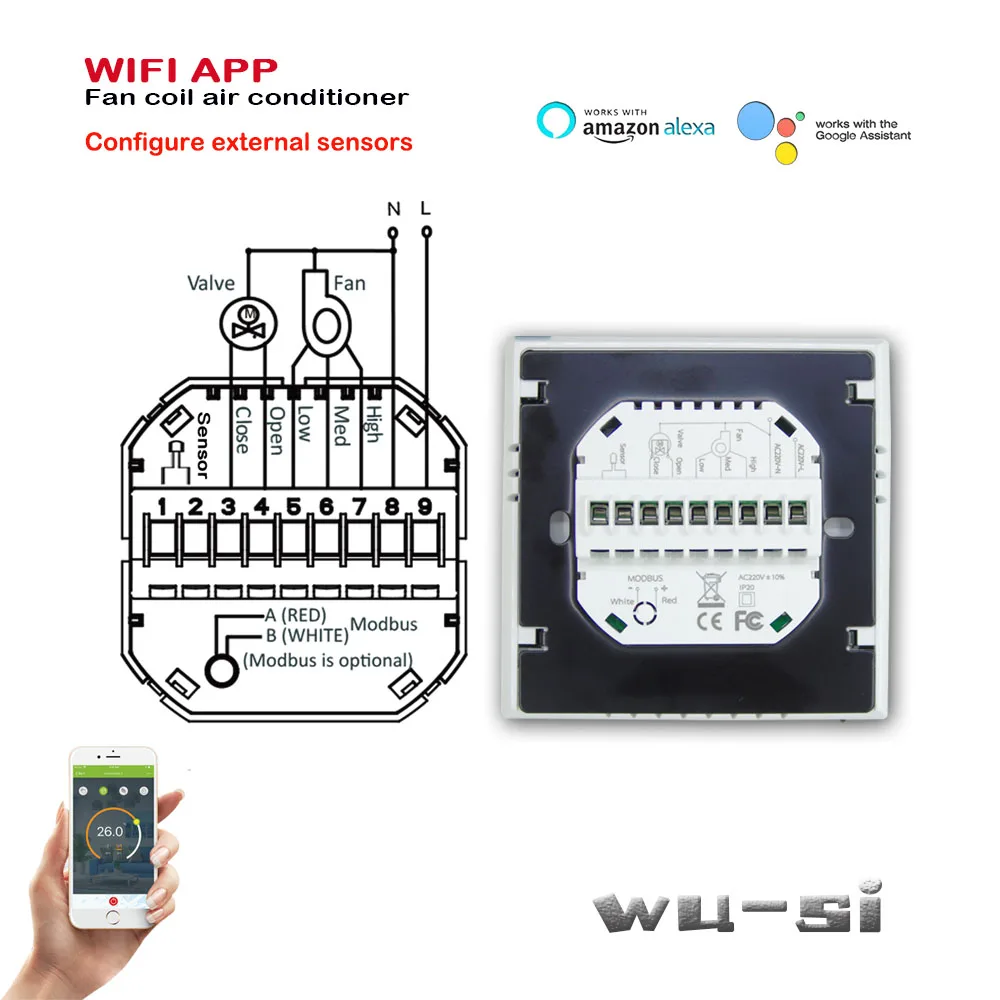 Heating or cooling thermostat with external 2.5m sensor, with voice control TUYA temperature controller