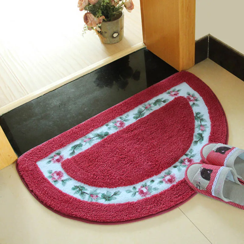 Semicircular Floral Floor Mat for Home Decor Non-Slip Bottom Bathroom Toilet Doormat Washable Suede Area Rug for Bedroom Kitchen