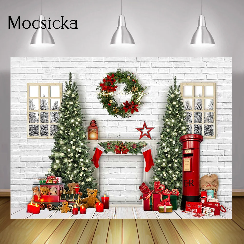 

Merry Christmas Background for Photography Brick Wall Fireplace Gifts Bear Backdrop Socks Christmas Trees Winter Window Photo