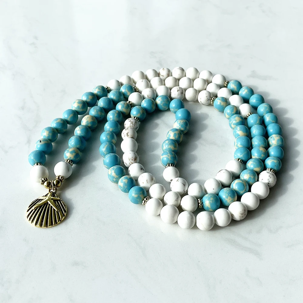 Ruberthen Blue Jasper 108 Mala Bracelet New Design Tanzania Howlite Bracelet Women`s Yoga Spiritual Mala Necklace