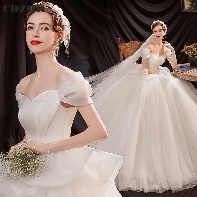 Short Puffy Sleeve Wedding Dresses for Women Ball Gown Tulle Elegant Simple Bridal Gowns CO10