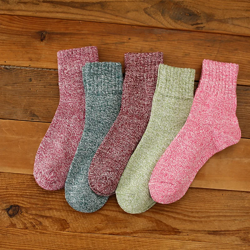 5pair Women Solid Color Yarn Winter Socks Autumn New Thickened Warm Wool Absorb Sweat Prevent Foot Odor National Style 34-40