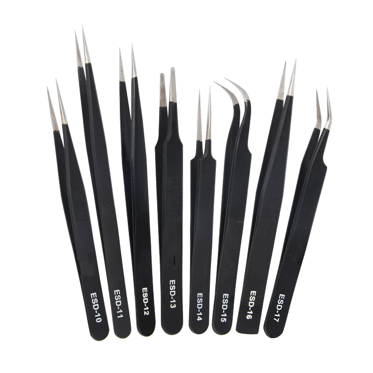 Anti-static ESD Stainless Steel Tweezers Maintenance Tools Industrial Precision Curved Straight Tweezers Repair Tools