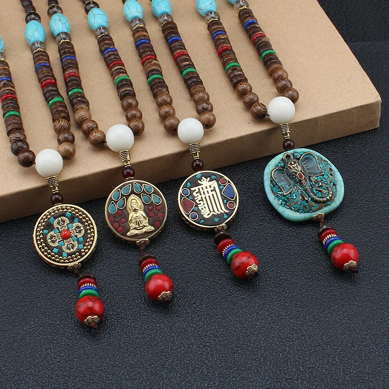 Vintage Handmade Necklace Nepal Buddhist Mala Wood Beads Pendant & Necklace Ethnic Fish Horn Long Statement Men Women's Jewelry