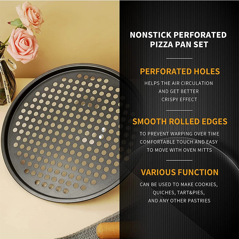 Nonstick Carbon Steel Pizza Crisper Trays Baking Pan with Holes Round Deep Dish Plate Bakewave Mould Oven Home Kitchen Tools