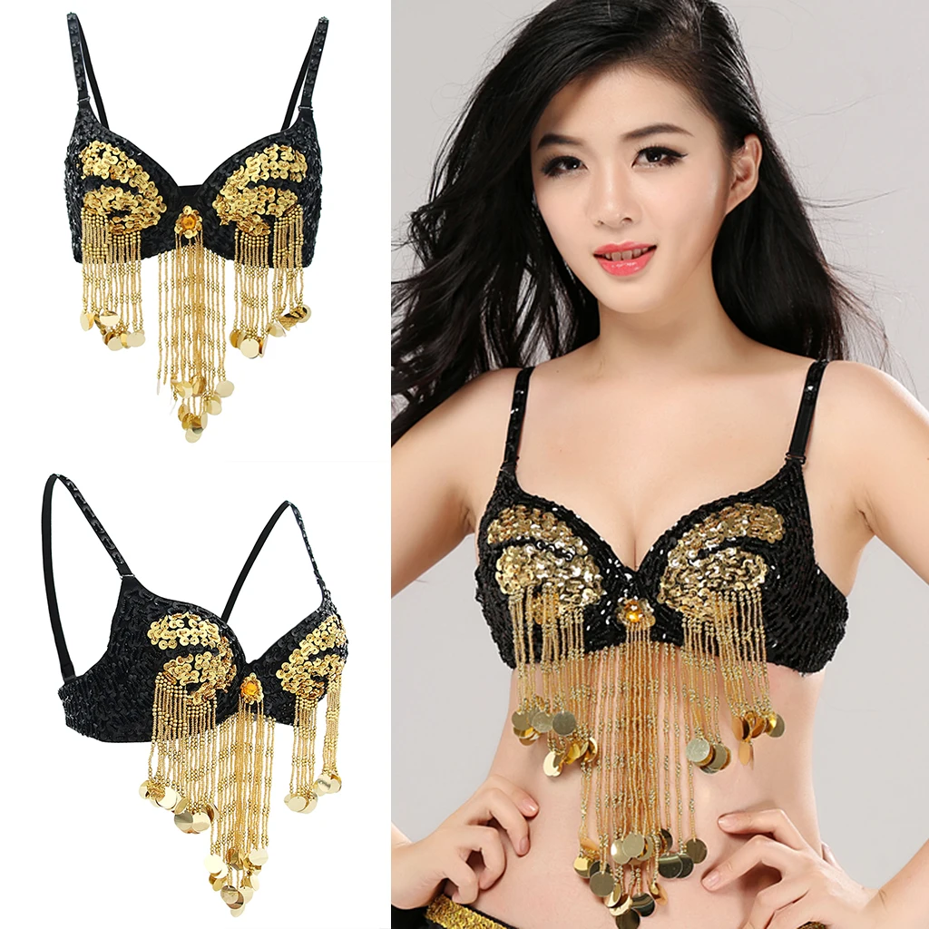 Women Sparkling Sequins Tassels Bra Top Raves Belly Dance Club Wear