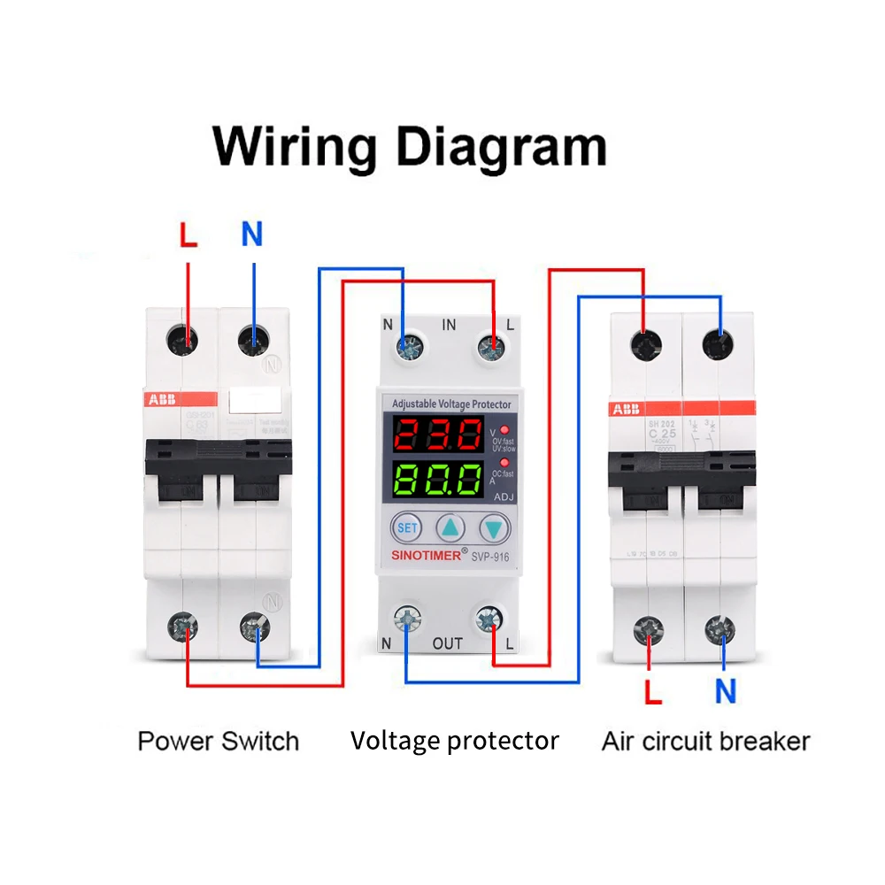 Heavy Duty 110V 230V AC Home Usage Dual Display Adjustable Over Under Voltage Surge Protector Relay with Over Current Protection