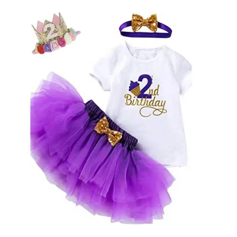 2 Tahun Ulang Tahun Pakaian Bayi Gadis Ulang Tahun Gaun Merah Muda Tutu Kue Pakaian Bayi Anak Perempuan Baptisan Pakaian dengan Ulang Tahun Mahkota