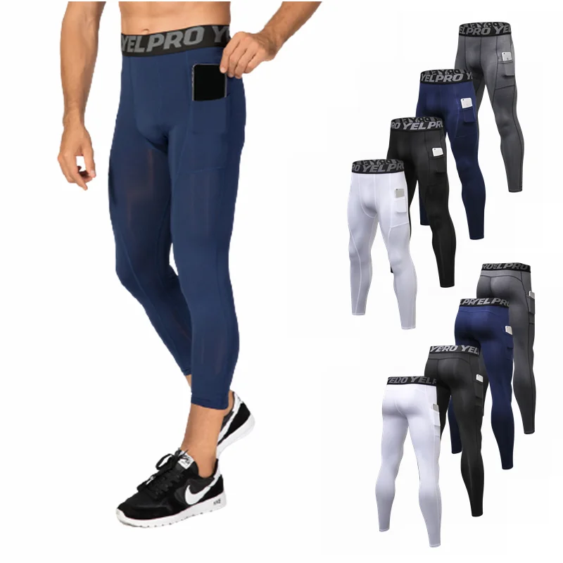 Compression Men Running 3/4 Tights Gym Basketball Pants With Pocket Bodybuilding Trousers Sportswear Jogger Gym Skinny Leggings